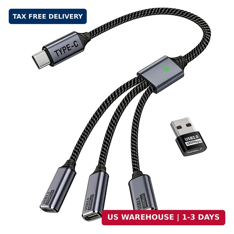 USB C Splitter 1 in 3 USB-C Out, USB Type C Splitter, USBC Male to Multi Type C