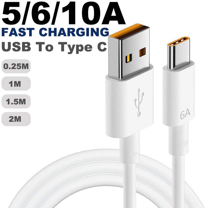 5/6/10A USB To Type C Charging Cable Fast Phone Charger Lead Long 0.25/1/1.5/2M