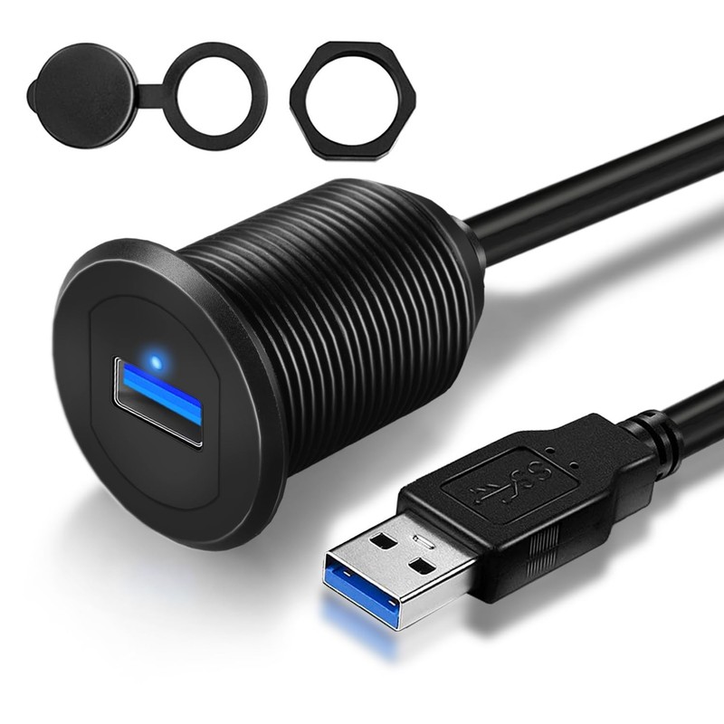 Single Port USB 3.0 Car Mount Flush Extension Cable For Boat Dashboard 1ft