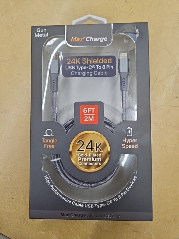 Max Charge Premium USB Type-C To 8 Pin Charging Cable 6 Feet Gun Metal 24k
