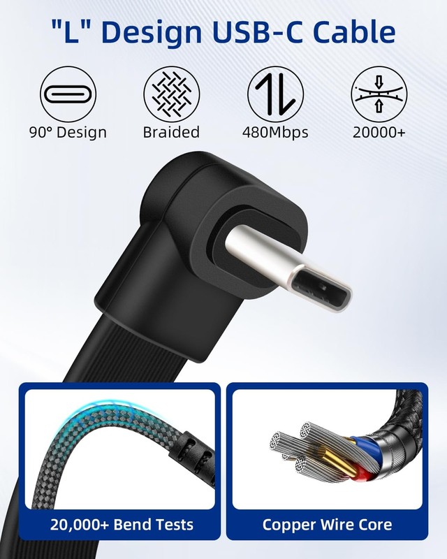 Flat 90 Degree USB C Charger Cable,60W Fast Charging 3A USB-A Male to USB C M... gallery
