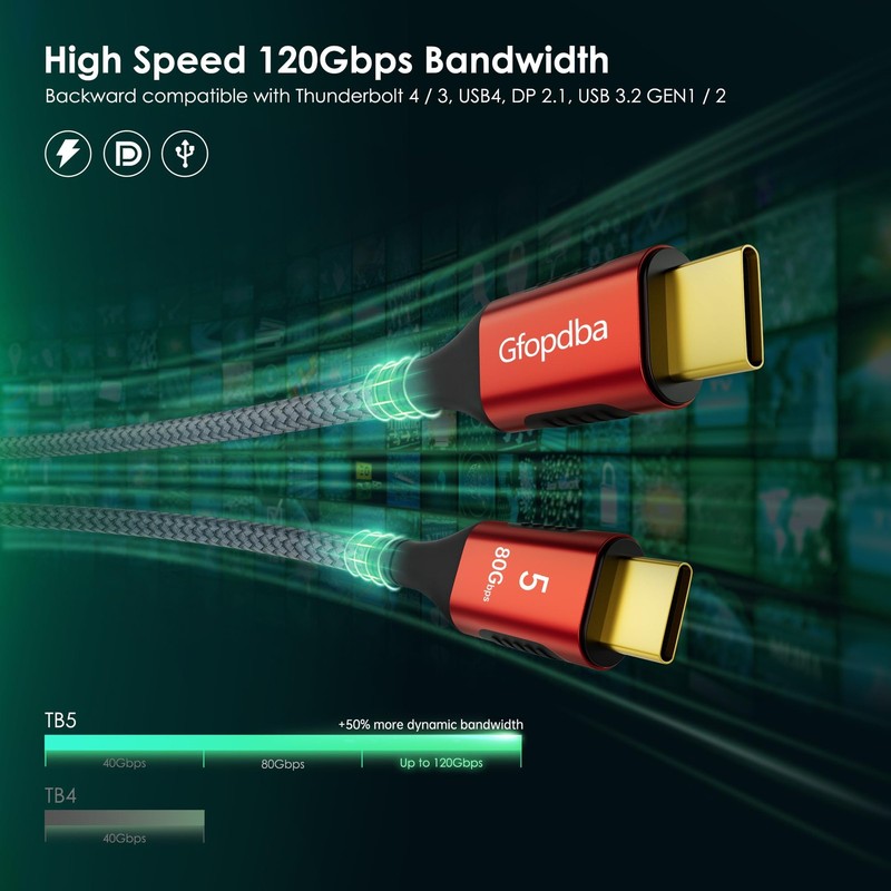 Thunderbolt 5 Cable 5FT Compatible, 80Gbps, 120Gbps Bandwidth, PD 240W, 8K@16... gallery