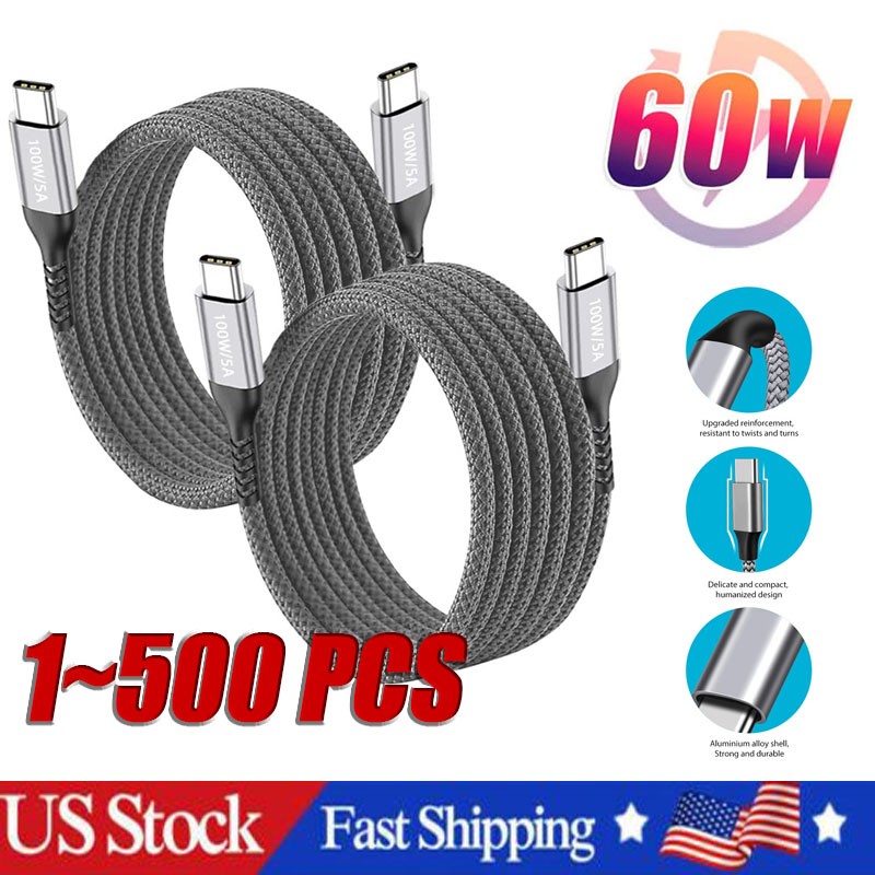 60W USB C to C Cable Fast Charge PD Nylon Cord 3/6/10FT for iPhone17 Samsung lot