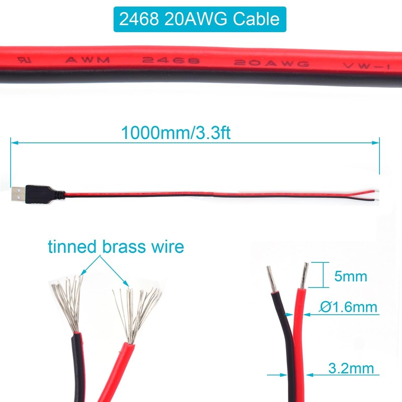 3.3FT 20AWG USB 2.0 Male Plug 2 Pin Bare Wire 5V 5A Extension Pigtail Power gallery