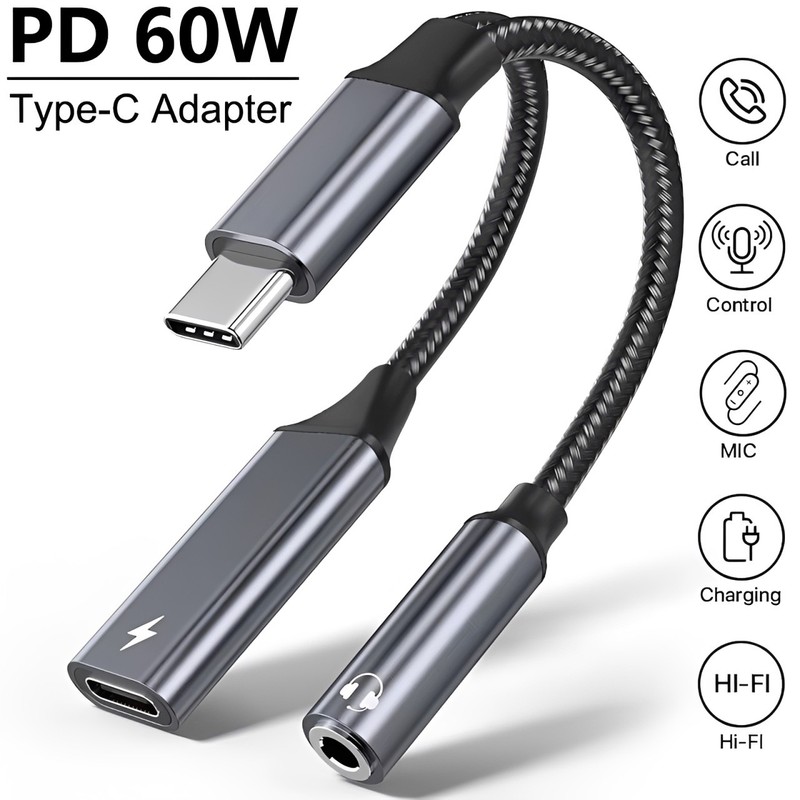 2 in 1 Type-C to 3.5mm AUX Audio Headphone Jack Adapter Charger Cable Splitter