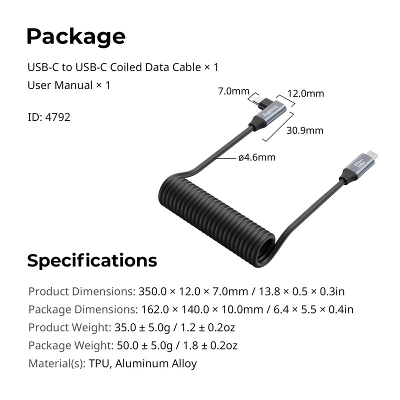 USB to USB Coiled Data Cable (Straight to Angled), 90 Degree USB Cable 20Gbps... gallery