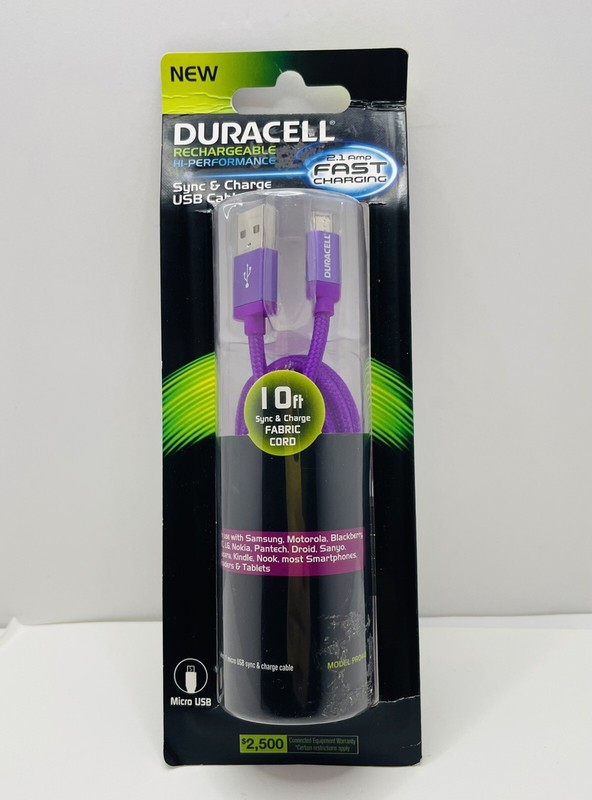 Duracell Rechargeable Hi Performance Sync & Charge Micro USB Cable 10ft Ligt Pur