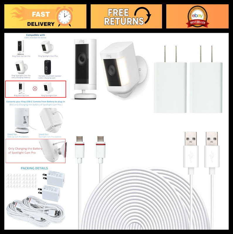 16FT USB-C Power Cord & Adapter for Ring Stick Up Cam & Spotlight Cam – 2 Pack