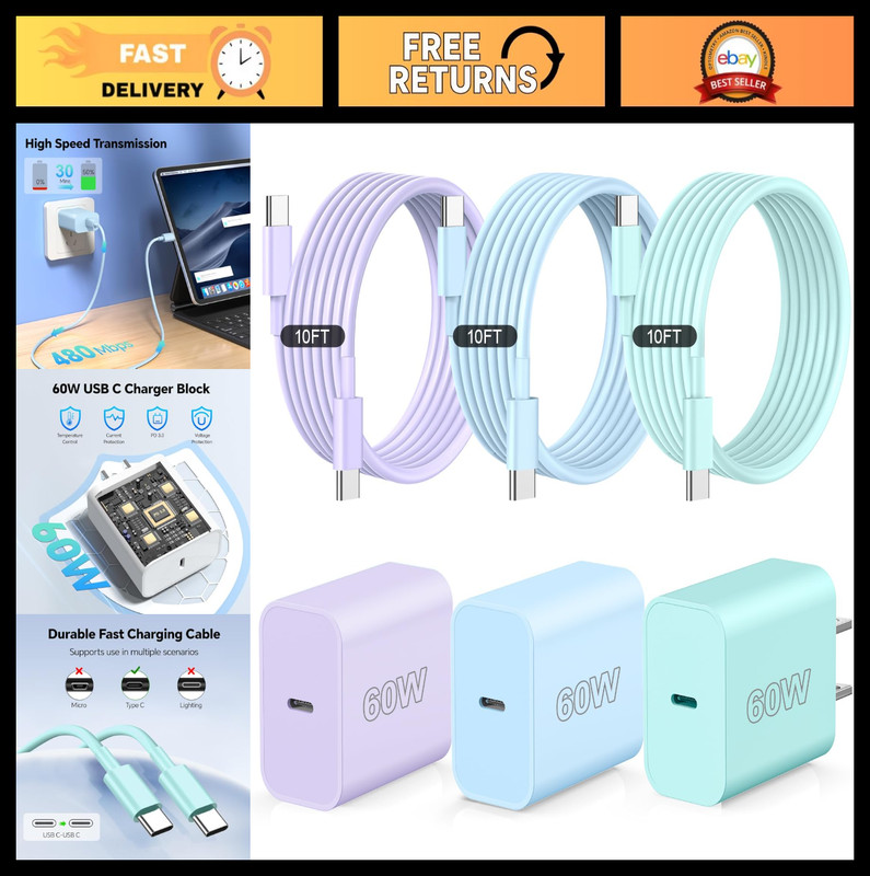 Fast Charging Phone Charger 3-Pack, 60W USB Type C Cable, 10FT Long, Compatible