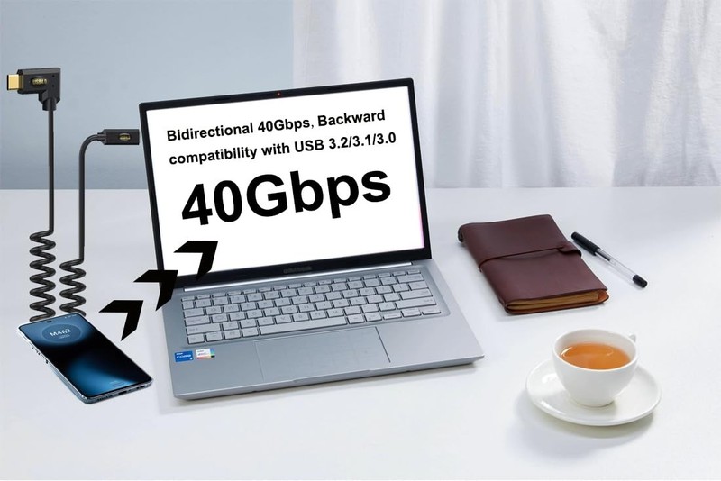 13.9ft USB 4.0 Type C Extension Coiled Cable 40Gbps 240W 8K@60Hz Angle Cord gallery