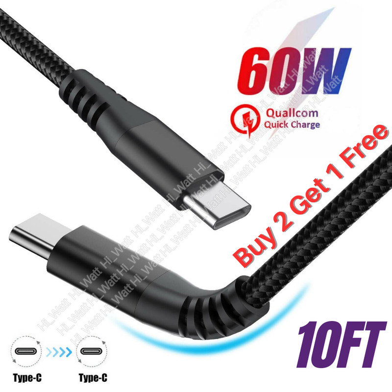 10ft TYPE-C To USB-C 60W Fast Charger Cable Braided Data Cord For Samsung iPhone