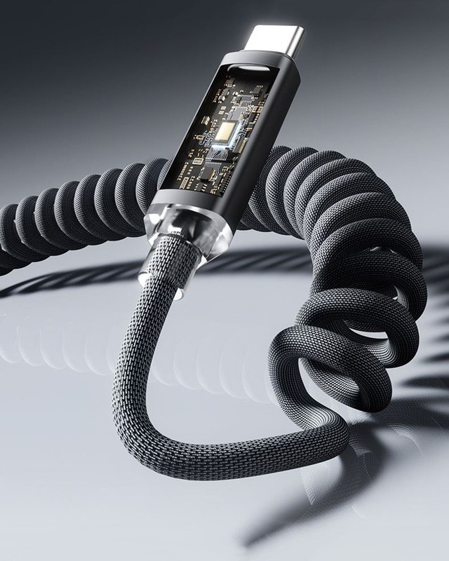 C-C, USB-C Spring Coil Cable Braided Fast Phone Lead Charger 120W Power Display gallery