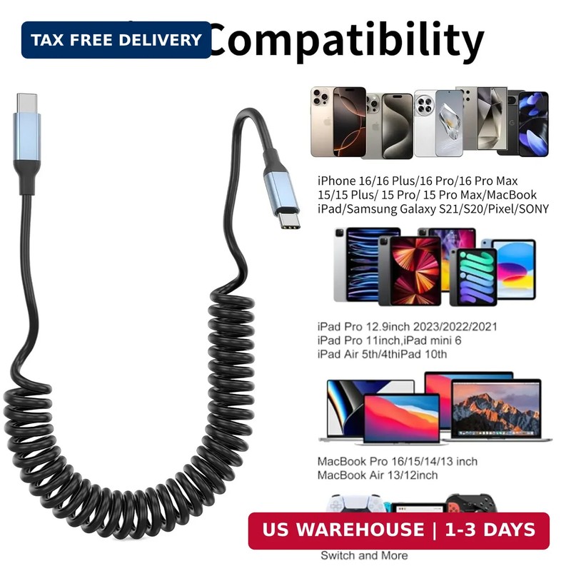 Coiled USB C to USB C Cable, 2Pack Retractable USBC Charger Short Cord for Car, gallery