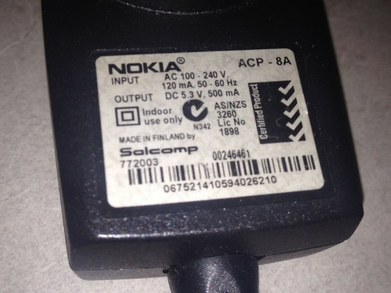 EC. Original Nokia Thin Pin ACP-8A 5.3V/500mA Adapter - (USED)