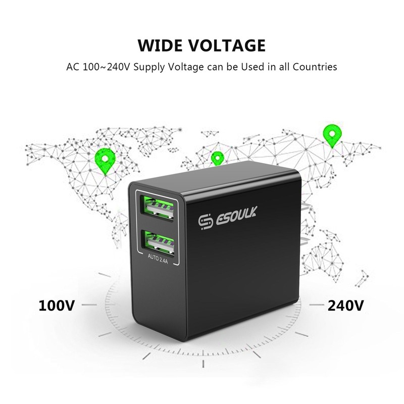 ESOULK 12W 2.4A Dual USB Wall Charger Adapter fast charger (bk) gallery