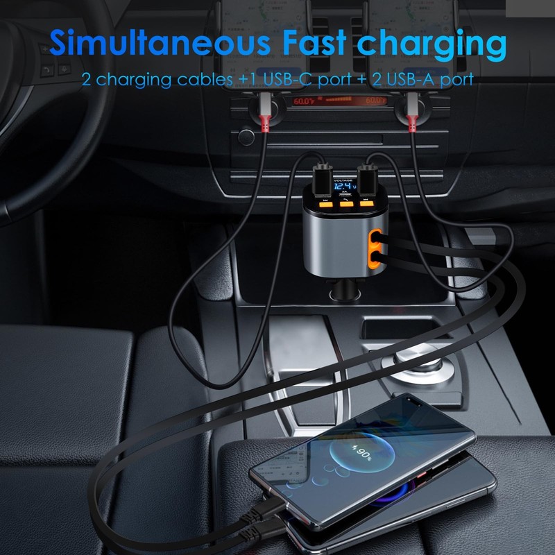Retractable Car Charger,5 in 1 Fast Cars Phone Charger Small, Black gallery