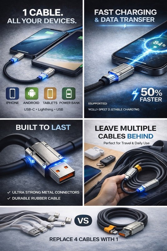 4 in 1 Multi-USB Charging Cable - MAX 240W Fast Charging/With USB A+ Type-C 3 ft