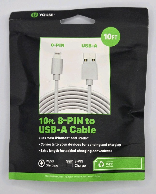 USB-A to 8 Pin iPhone Fast Charging/Data Transfer Charger Cable Silver 10'
