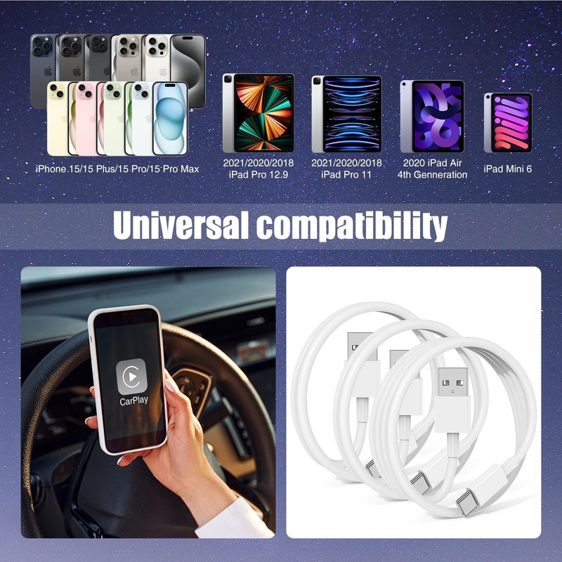 Car Carplay Cable for iPhone 17 16 15 Pro Plus Max 6FT+3.3FT+3.3FT, White gallery