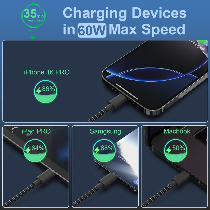 5-Pack USB C Cable 6FT C To C 60W 3A Black And White Fast Charging Wire Cord PC gallery
