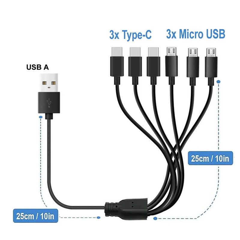 6 in 1 USB Charging Cable Micro USB Type C Splitter for iPhone and Android gallery