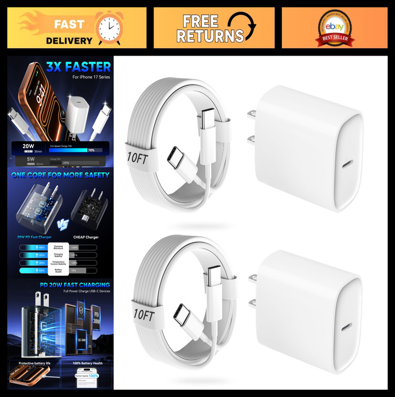 Fast Charging 20W USB C Charger Block & 10ft Type C Cable for iPhone 17/16/15 Pr