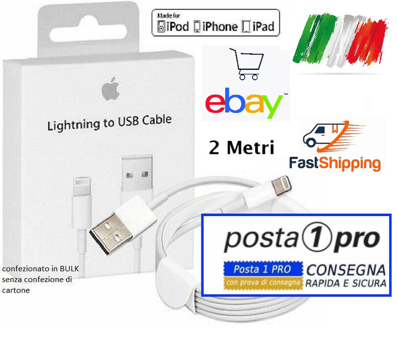 Cavo DATI 2 METRI Originale Lightning Usb Per iPhone 7 8 X 11 12 13 14 Pro Max
