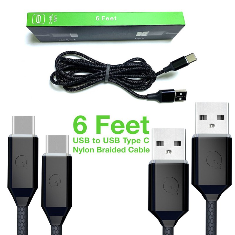 Soft Nylon Braided USB Type C to USB A Male USB Charger Cables 6 Ft Black 2 Pack