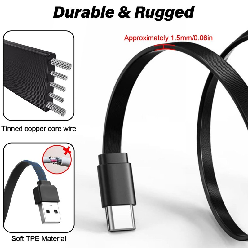 Flat USB to USB C Cable PD65W 3A Fast Charging USB 2.0 to Type-C Cord,Flexibl... gallery