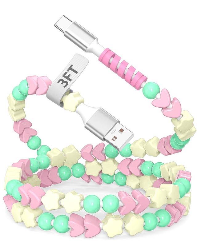 3ft USB A to C Cable Beaded Charger Cord For Phone Mint Pink Heart Style Wire