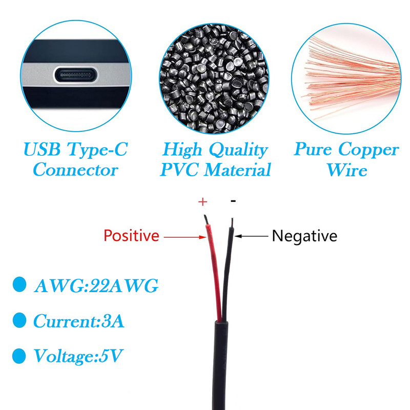 20pcs DIY Cable 0.3M/1FT USB-C Male Pigtail - 22AWG 5V/3A to 2-Pin Bare Wire NEW gallery