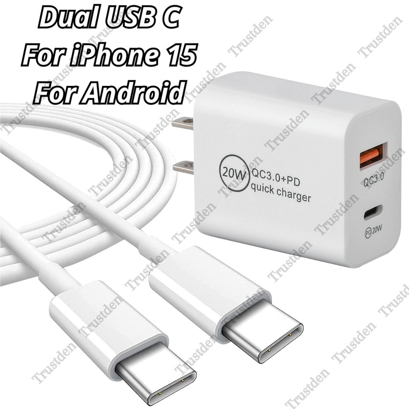 For iPhone 15 Pro Samsung Android USB Type C Cable 20W Fast Charger Wall Adapter