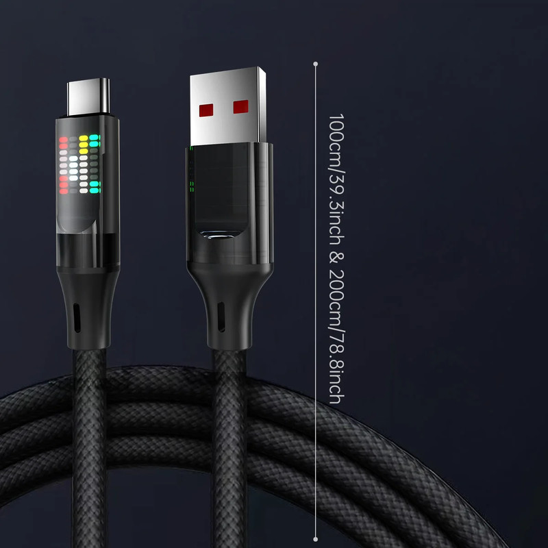 120W USB-A to USB-C Fast Charging Cable 6A LED Display Nylon Braided Cord gallery