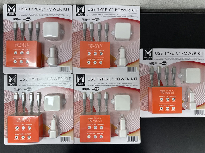 Lot Of 5 Member’s Mark USB-C Power Kit 2 6FT Cable & 2 Charging Ports