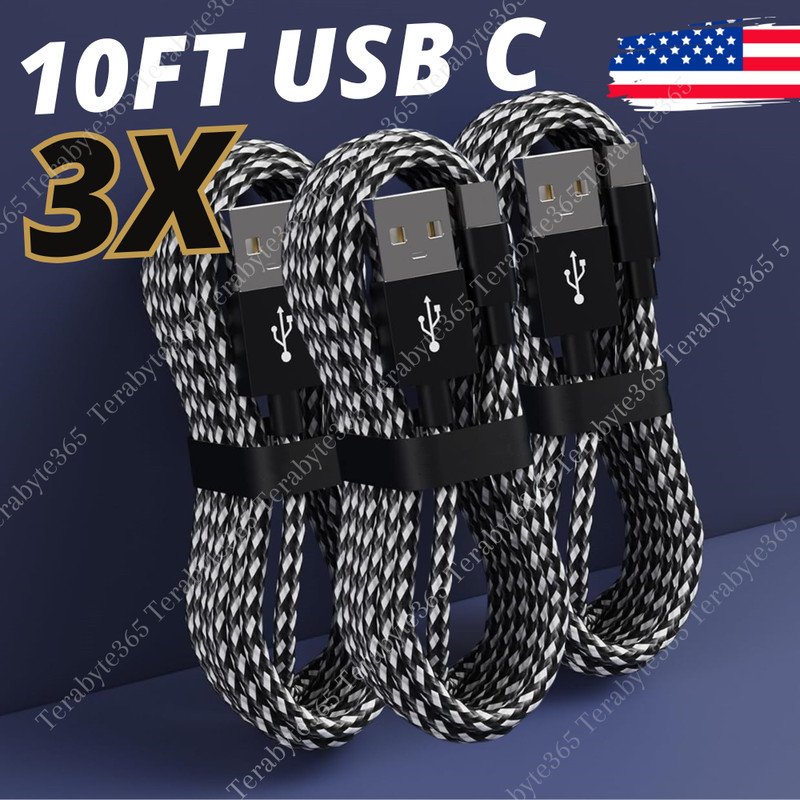 10ft Braided USB Type C Fast Charger Cable Cord For Samsung Android iPhone 15 16