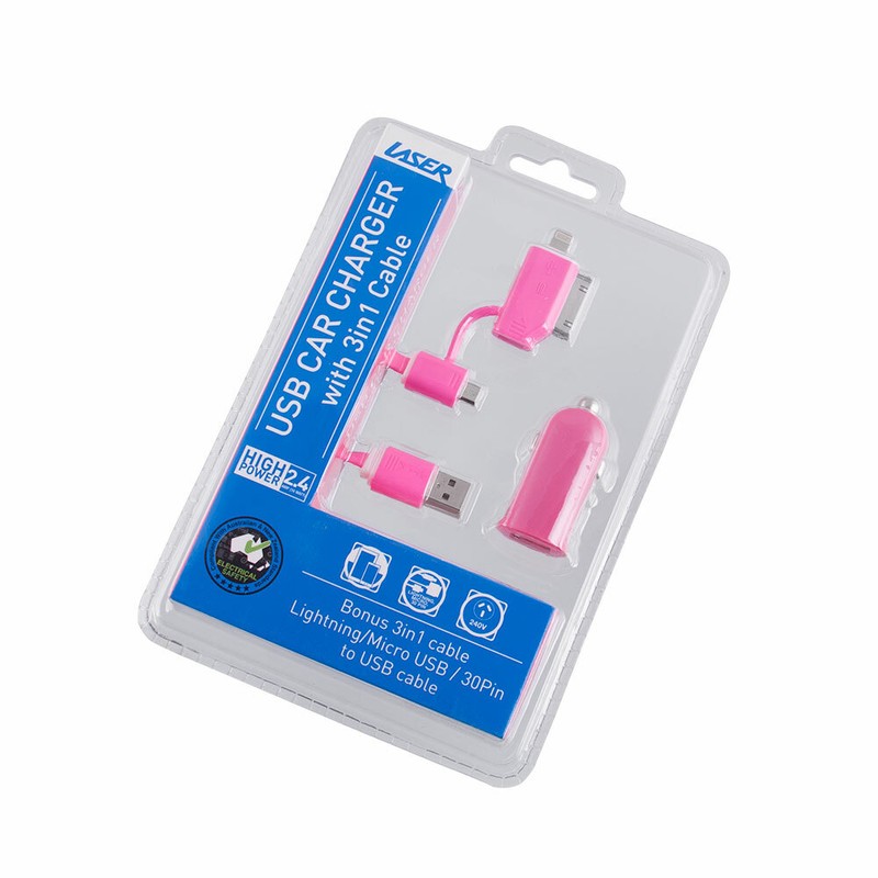 2.4A Car Charger with 3 in 1 Charging Cable PINK gallery