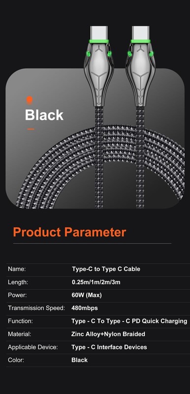 Type C to Type-C Cable PD 60W Fast Charger Braided USB Lead LED For Samsung 1-3M gallery