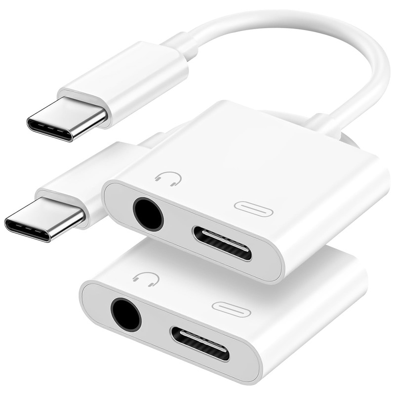 USB C to 3.5mm Headphone and Charger Adapter, 2-Pack Type C 2 Pack, White