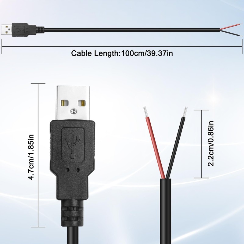 5 PCS USB 2.0 Pigtail Cable Male Plug To 2 Pin Bare Wire Extension 24AWG 1M gallery