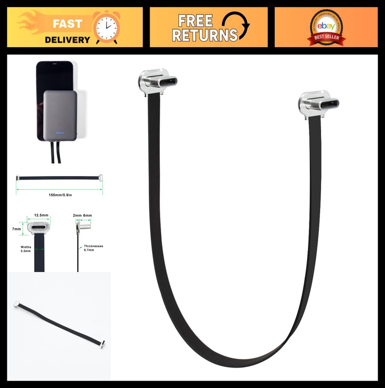 90° USB C Short Flat Cable – Dual Angle Male to Male PD 65W Fast Charge Data Cor