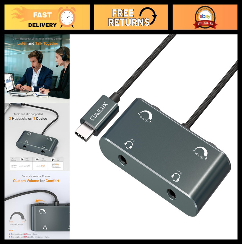 USB C Dual Headset Adapter with Volume Control, 2 TRRS Microphone Splitter for P