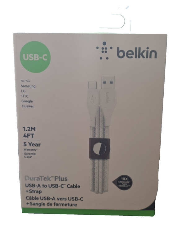 Belkin DuraTek Plus USB-A to USB-C Cable 4ft White Leather Strap Fast Charge New