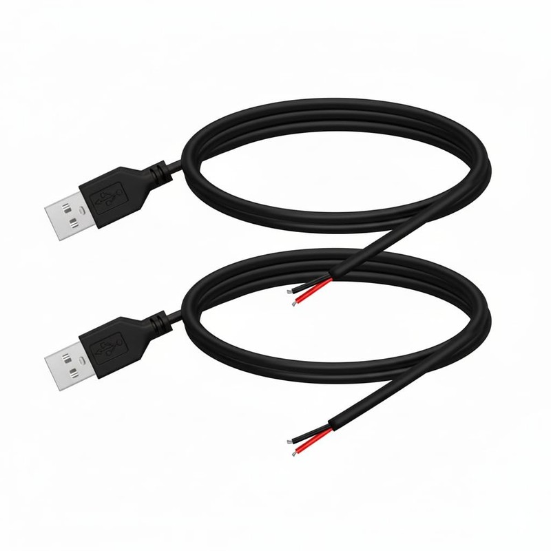 2 PCS 3.28FT Black 24AWG USB 2.0 Male 2 Pin Bare Wire Pigtail Cable 5V 2A