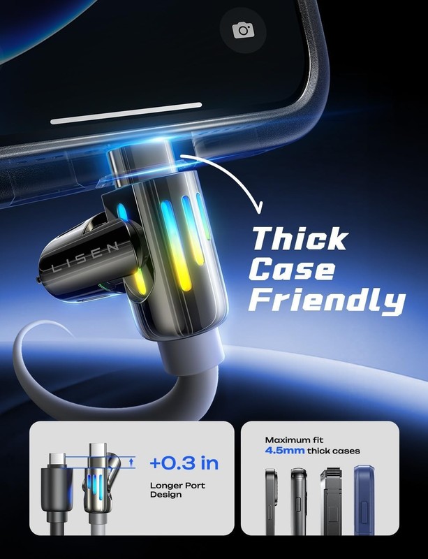 LISEN 240W Chubby USB C Cable, 4 in 1 Charging Cable (6.6FT) with Light, USB A/C gallery