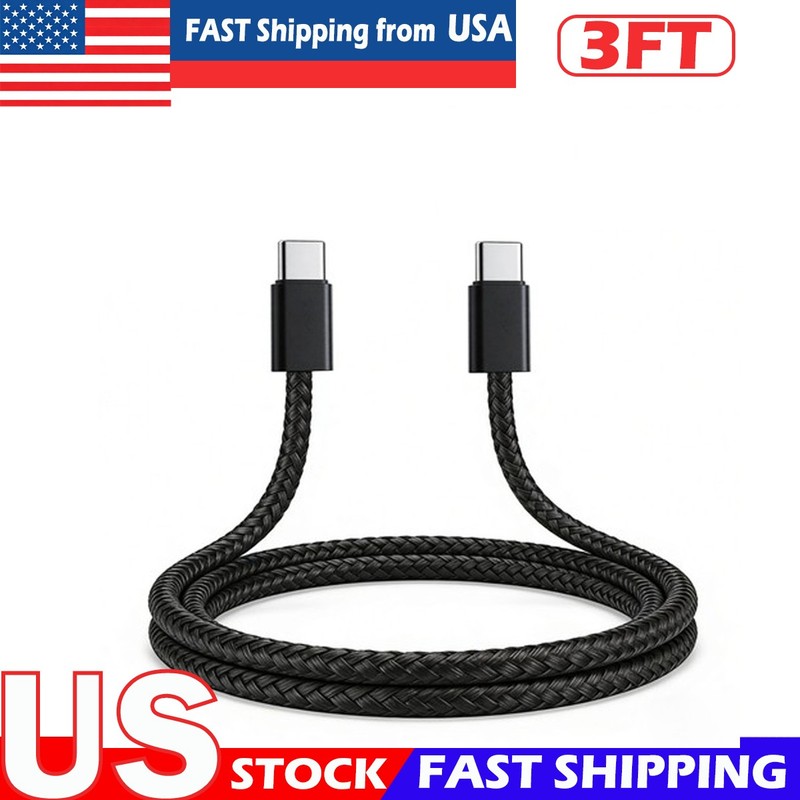 3FT Dual Type-C Charger Cable Fast Charging Sync Cord for Smartphone Black New