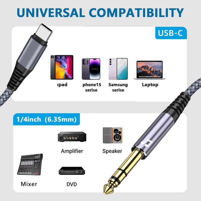 USB C to 1/4" TRS Audio Stereo Cable 4FT Type C to 6.35mm 1/4 Male Aux Audio gallery