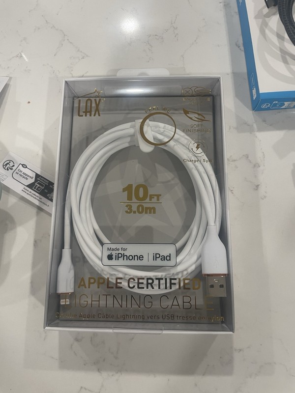 LAX Apple Certified Cable Charger 10 FT Braided White, iPhone Charger