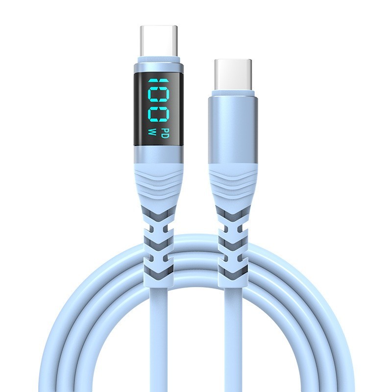 100W Zinc-Alloy Silicone Type-C Cable with Display for Phone/Laptop Blue