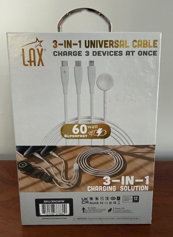 LAX 3-in-1 iPhone iWatch Charger Charging Cable USB-C Lightening 6 Ft White gallery