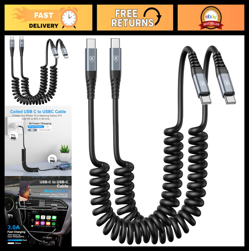 USB-C to USB-C Coiled Charging Cable 3ft 2-Pack for iPhone Samsung Galaxy